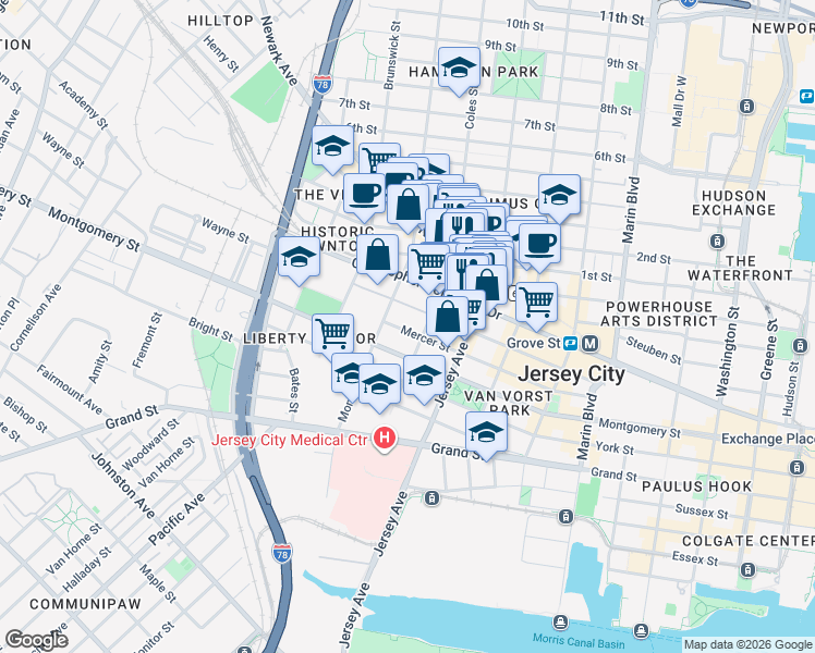 map of restaurants, bars, coffee shops, grocery stores, and more near 153-139 Wayne Street in Jersey City