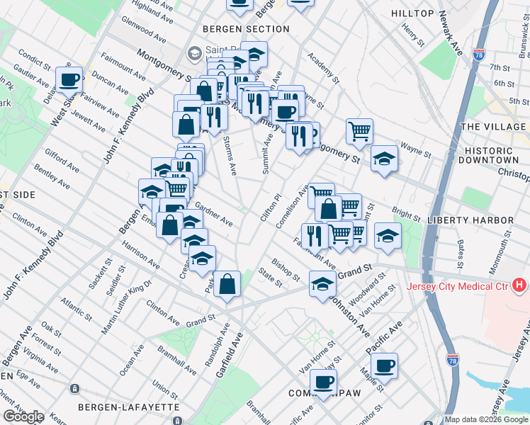 map of restaurants, bars, coffee shops, grocery stores, and more near 75 Clifton Place in Jersey City