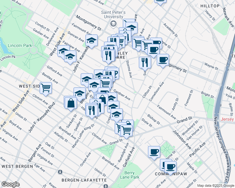 map of restaurants, bars, coffee shops, grocery stores, and more near 73 Gardner Avenue in Jersey City