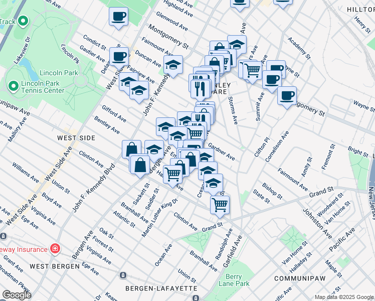 map of restaurants, bars, coffee shops, grocery stores, and more near 100 Belmont Avenue in Jersey City