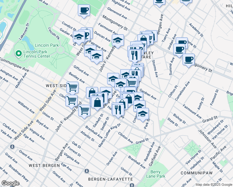 map of restaurants, bars, coffee shops, grocery stores, and more near 590 Bergen Avenue in Jersey City