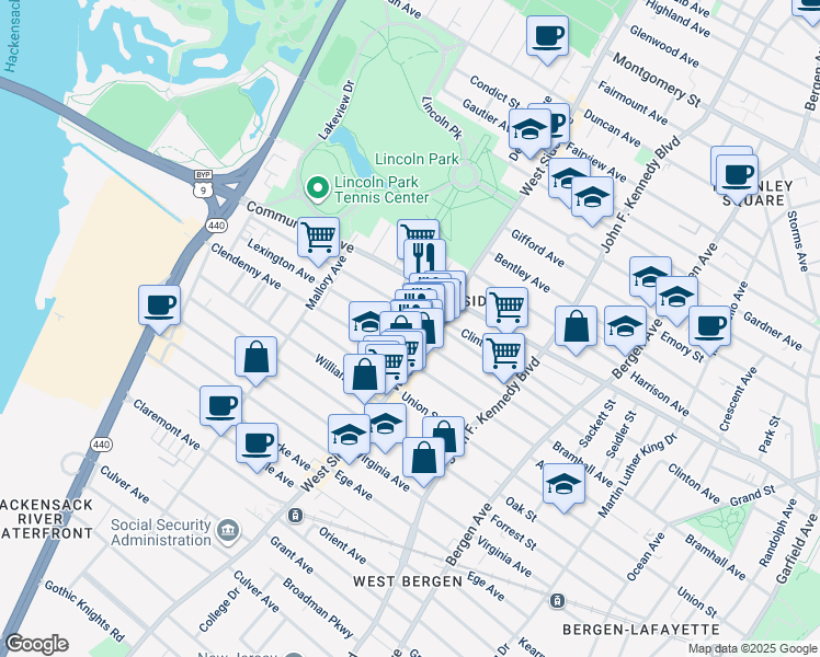 map of restaurants, bars, coffee shops, grocery stores, and more near 37 Roosevelt Avenue in Jersey City