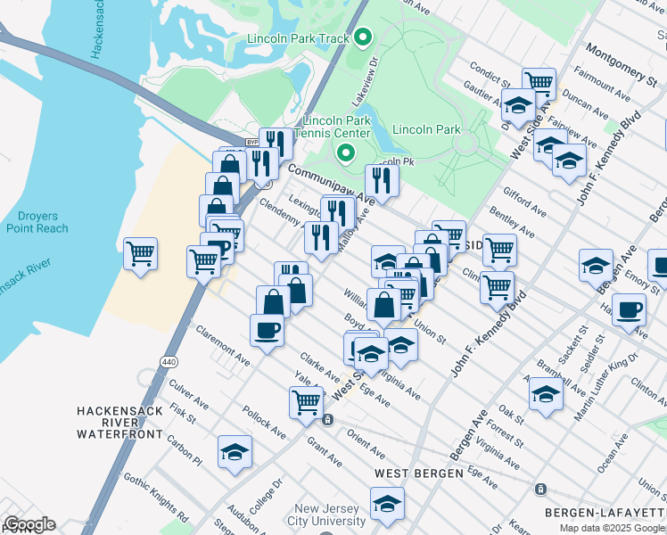 map of restaurants, bars, coffee shops, grocery stores, and more near 12 Miller Street in Jersey City