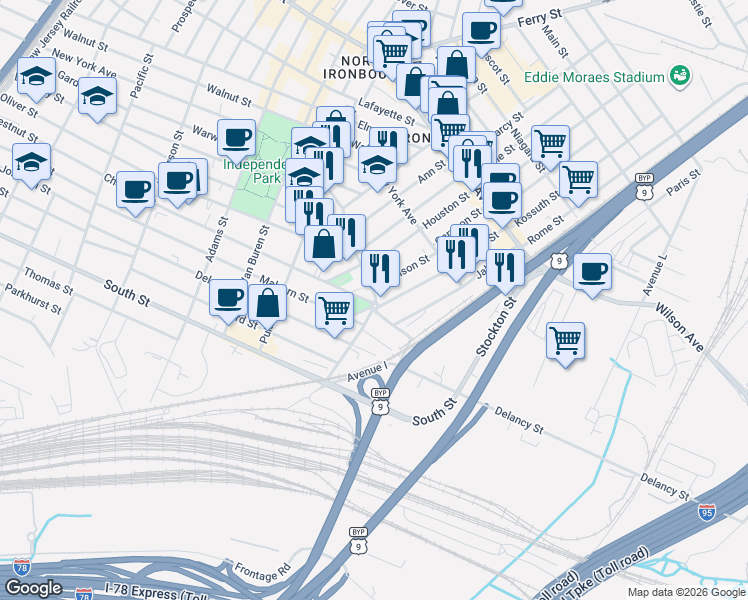 map of restaurants, bars, coffee shops, grocery stores, and more near 15 Garrison Street in Newark
