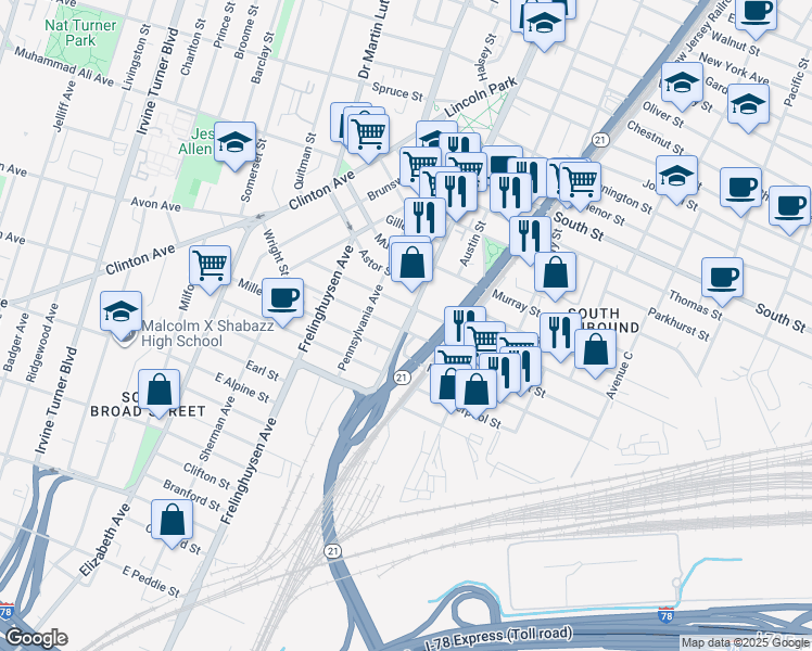 map of restaurants, bars, coffee shops, grocery stores, and more near in Newark