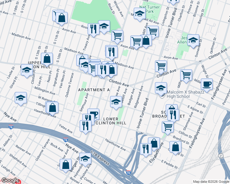 map of restaurants, bars, coffee shops, grocery stores, and more near 207 Peshine Avenue in Newark