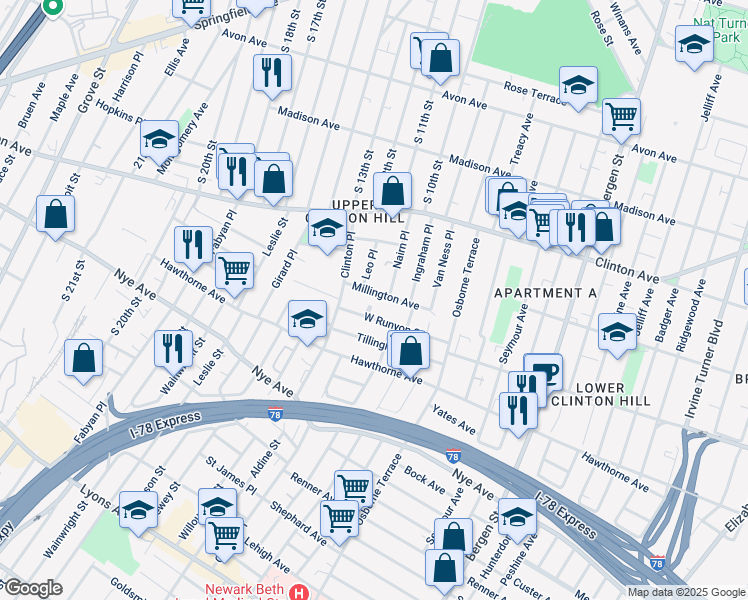 map of restaurants, bars, coffee shops, grocery stores, and more near 59 Millington Avenue in Newark
