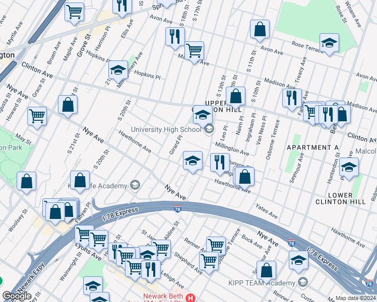 map of restaurants, bars, coffee shops, grocery stores, and more near 24 White Terrace in Newark