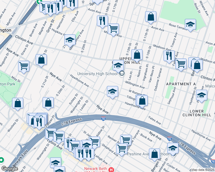 map of restaurants, bars, coffee shops, grocery stores, and more near 24 White Terrace in Newark