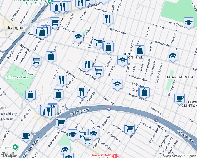 map of restaurants, bars, coffee shops, grocery stores, and more near in Newark