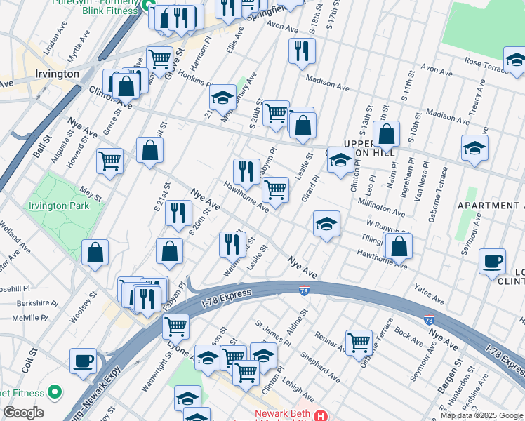 map of restaurants, bars, coffee shops, grocery stores, and more near in Newark