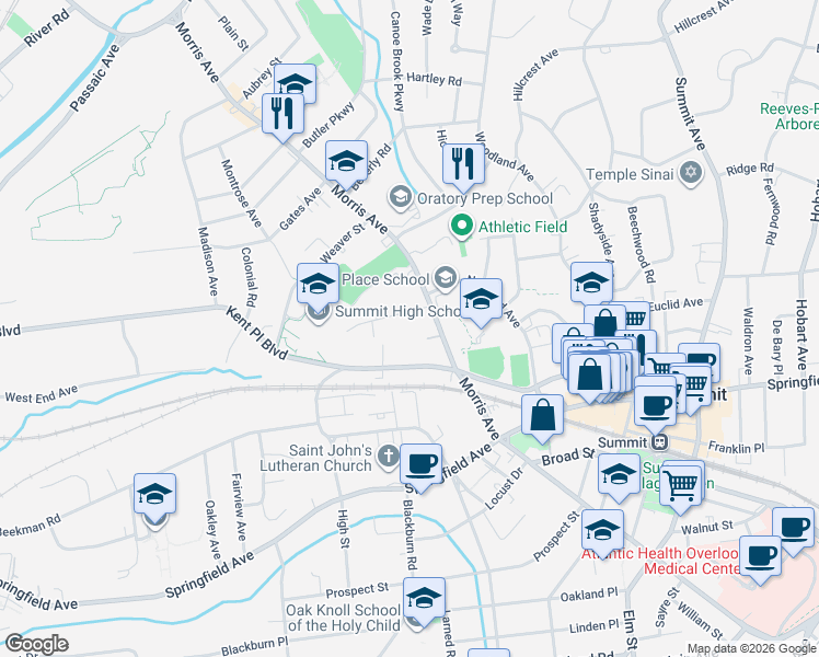 map of restaurants, bars, coffee shops, grocery stores, and more near 6 Edgar Street in Summit