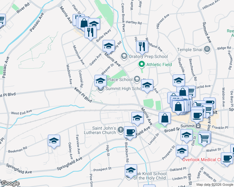 map of restaurants, bars, coffee shops, grocery stores, and more near 23 Edgar Street in Summit