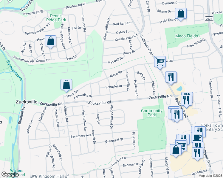 map of restaurants, bars, coffee shops, grocery stores, and more near 905 Schuyler Drive in Easton