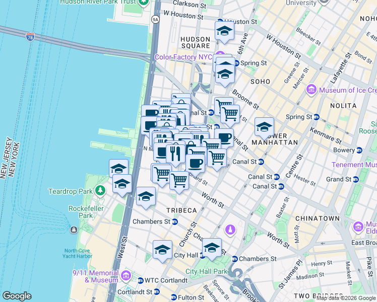 map of restaurants, bars, coffee shops, grocery stores, and more near 41 North Moore Street in New York