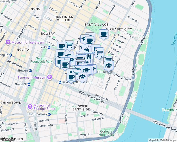 map of restaurants, bars, coffee shops, grocery stores, and more near 162 Attorney Street in New York