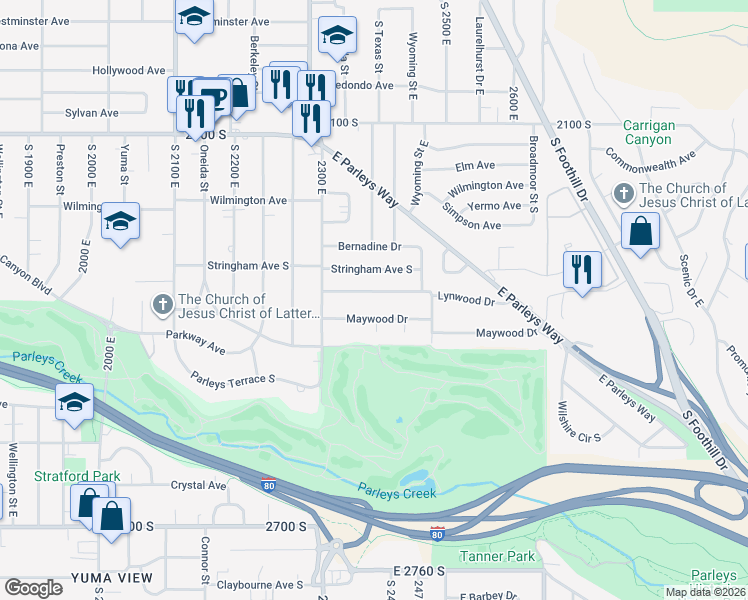map of restaurants, bars, coffee shops, grocery stores, and more near 2370 Lynwood Drive in Salt Lake City
