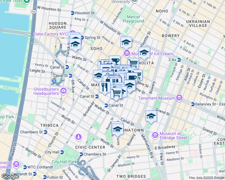 map of restaurants, bars, coffee shops, grocery stores, and more near 138 Grand Street in New York