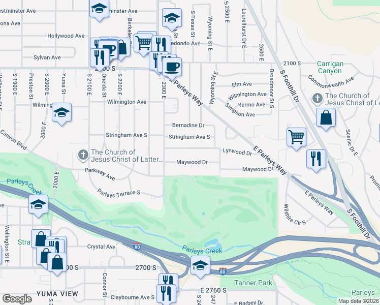 map of restaurants, bars, coffee shops, grocery stores, and more near 2370 Lynwood Drive in Salt Lake City