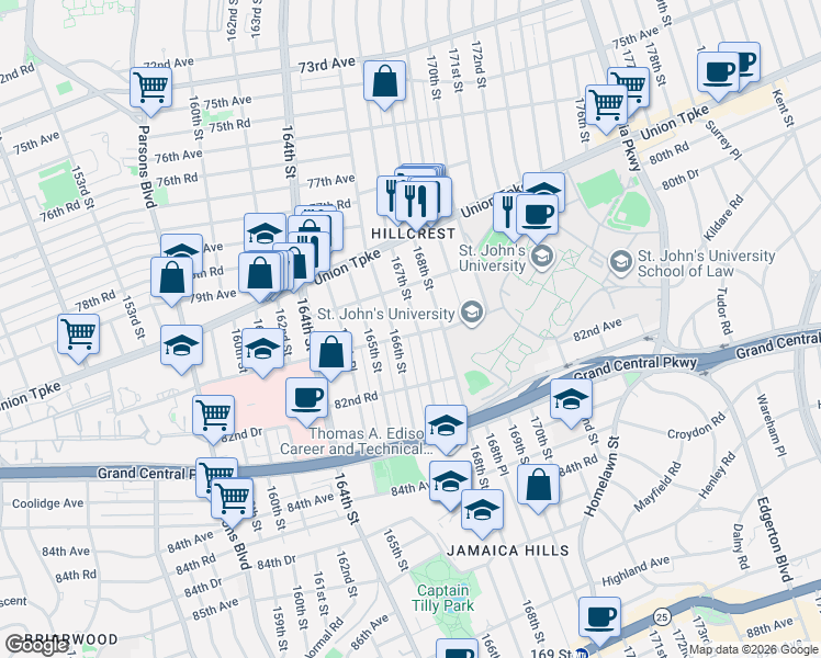map of restaurants, bars, coffee shops, grocery stores, and more near 81-29 167th Street in Queens