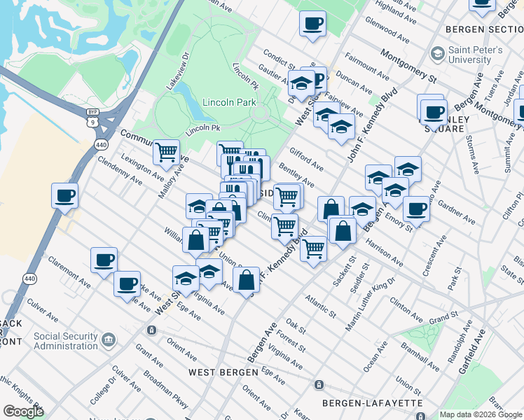 map of restaurants, bars, coffee shops, grocery stores, and more near 785 Communipaw Avenue in Jersey City