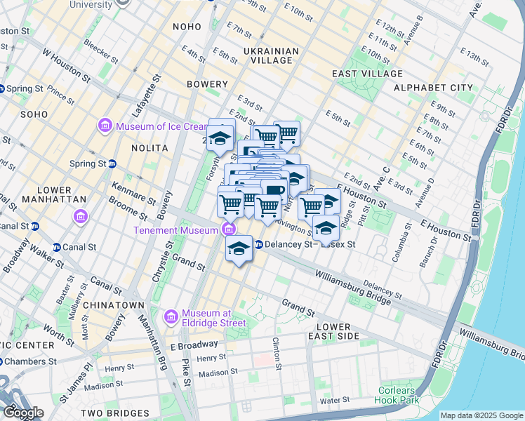 map of restaurants, bars, coffee shops, grocery stores, and more near 113 Rivington Street in New York