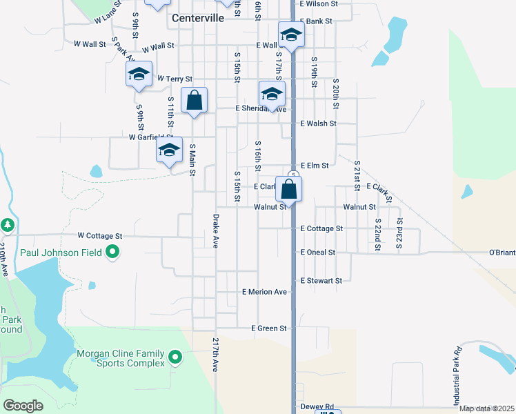 map of restaurants, bars, coffee shops, grocery stores, and more near 501 Walnut Street in Centerville