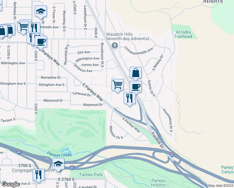 map of restaurants, bars, coffee shops, grocery stores, and more near 2707 Parleys Way in Salt Lake City