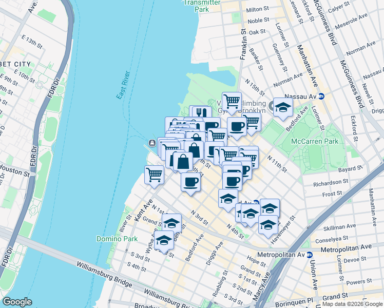 map of restaurants, bars, coffee shops, grocery stores, and more near 119 Kent Avenue in Brooklyn