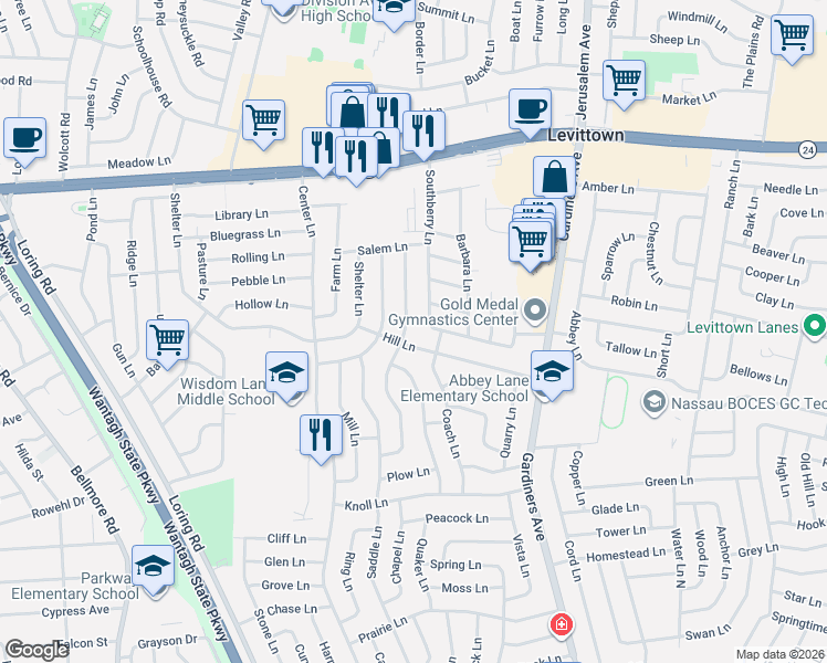 map of restaurants, bars, coffee shops, grocery stores, and more near 39 Harvest Lane in Levittown