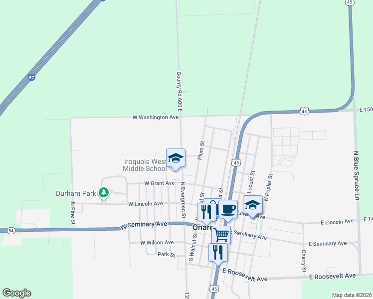 map of restaurants, bars, coffee shops, grocery stores, and more near 410 North Evergreen Street in Onarga