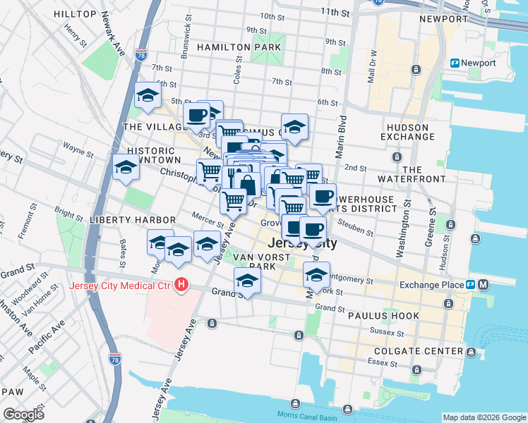 map of restaurants, bars, coffee shops, grocery stores, and more near 319 Barrow Street in Jersey City