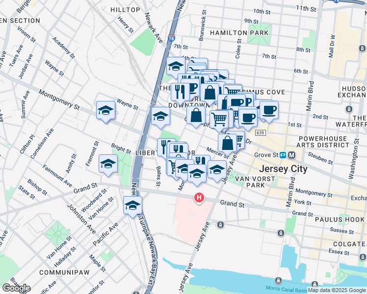 map of restaurants, bars, coffee shops, grocery stores, and more near 372 Montgomery Street in Jersey City