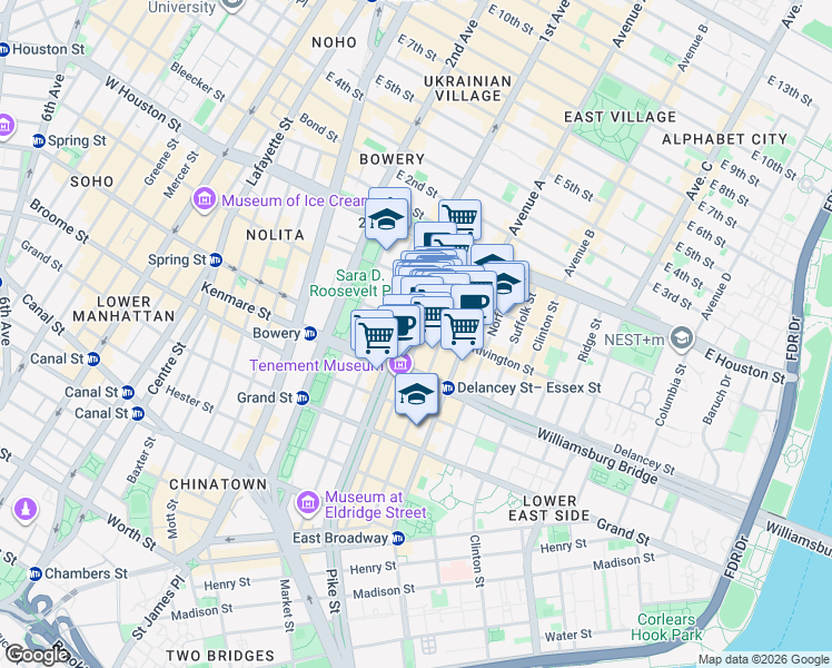 map of restaurants, bars, coffee shops, grocery stores, and more near 143 Ludlow Street in New York