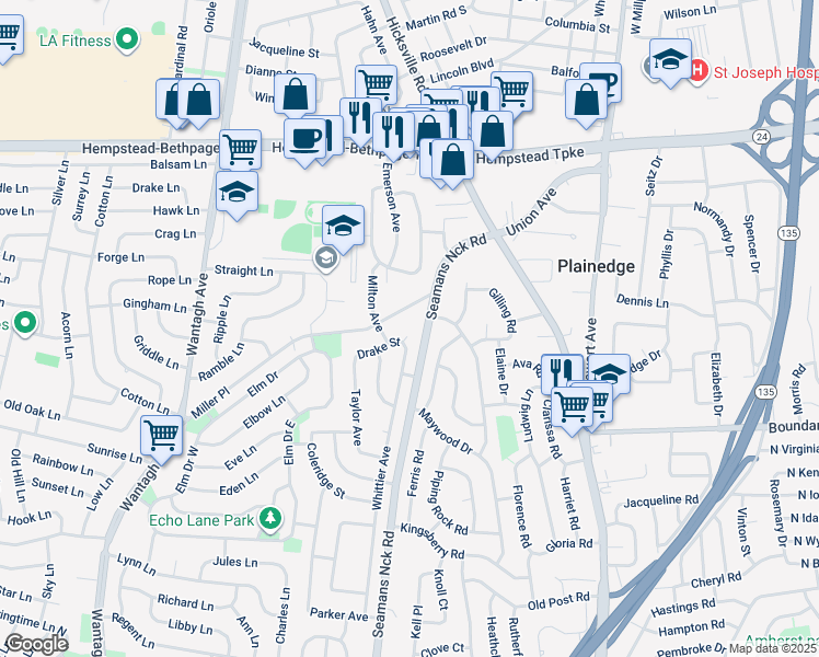map of restaurants, bars, coffee shops, grocery stores, and more near 241 Drake Court in Levittown
