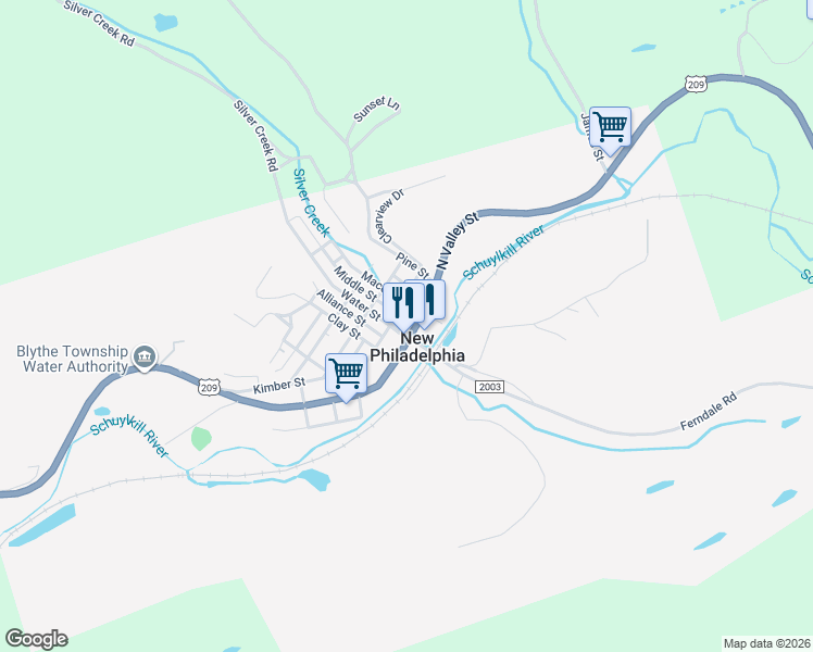 map of restaurants, bars, coffee shops, grocery stores, and more near 30 Valley Street in New Philadelphia