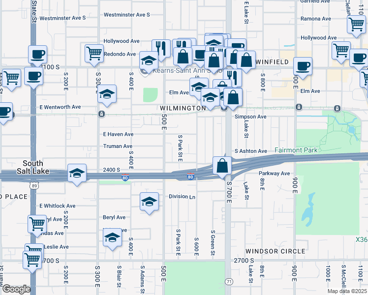 map of restaurants, bars, coffee shops, grocery stores, and more near 2331 South Park Street East in Salt Lake City