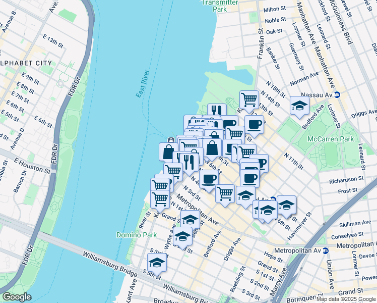 map of restaurants, bars, coffee shops, grocery stores, and more near 22 North 6th Street in Brooklyn