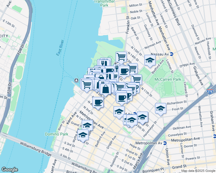 map of restaurants, bars, coffee shops, grocery stores, and more near 66 North 8th Street in Brooklyn