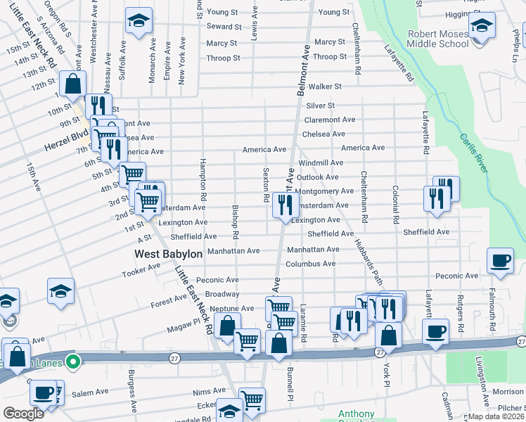 map of restaurants, bars, coffee shops, grocery stores, and more near 171 Amsterdam Avenue in West Babylon
