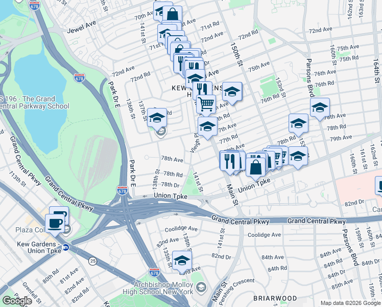 map of restaurants, bars, coffee shops, grocery stores, and more near 77-25 141st Street in Queens