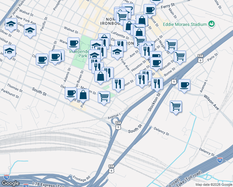 map of restaurants, bars, coffee shops, grocery stores, and more near 15 Garrison Street in Newark