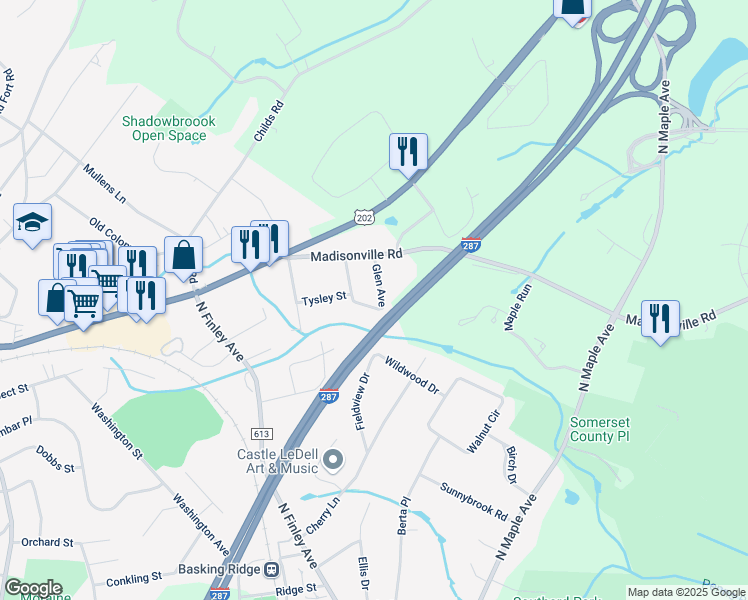 map of restaurants, bars, coffee shops, grocery stores, and more near 14 Cottage Street in Basking Ridge