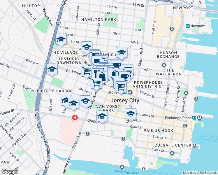 map of restaurants, bars, coffee shops, grocery stores, and more near 319 Barrow Street in Jersey City