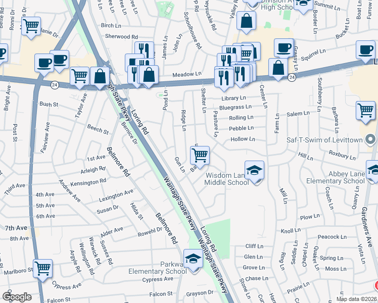 map of restaurants, bars, coffee shops, grocery stores, and more near 83 Ridge Lane in Levittown
