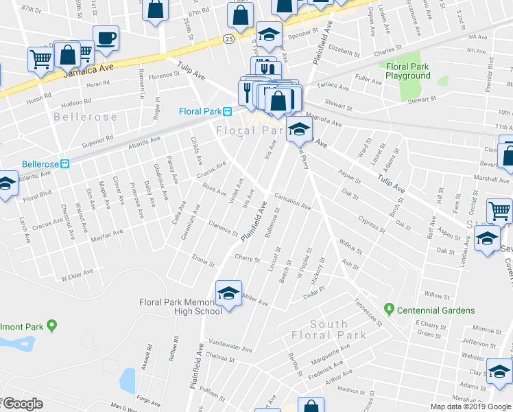 map of restaurants, bars, coffee shops, grocery stores, and more near 99 Rose Avenue in Floral Park