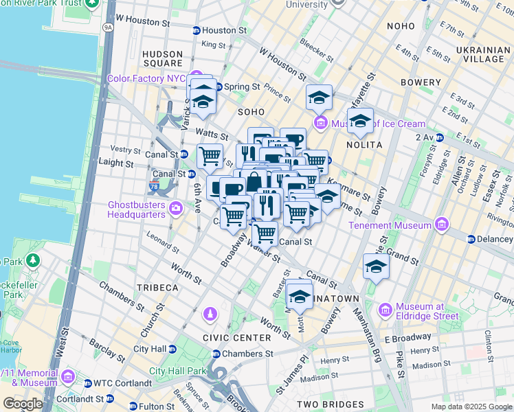 map of restaurants, bars, coffee shops, grocery stores, and more near 433 Broadway in New York