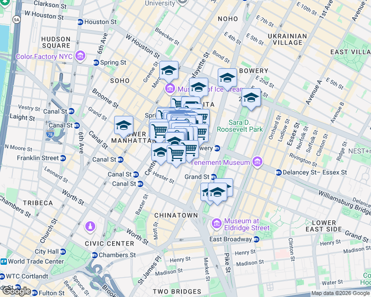 map of restaurants, bars, coffee shops, grocery stores, and more near 384 Broome Street in New York