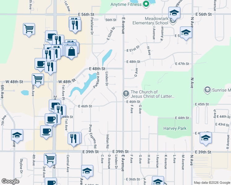 map of restaurants, bars, coffee shops, grocery stores, and more near 99 Sycamore Place in Kearney