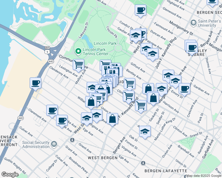 map of restaurants, bars, coffee shops, grocery stores, and more near West Side Ave & Oxford Ave in Jersey City
